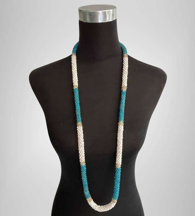 Handmade Tubed Beaded Necklace  White and Blue with Silver Accents  57cm  137g