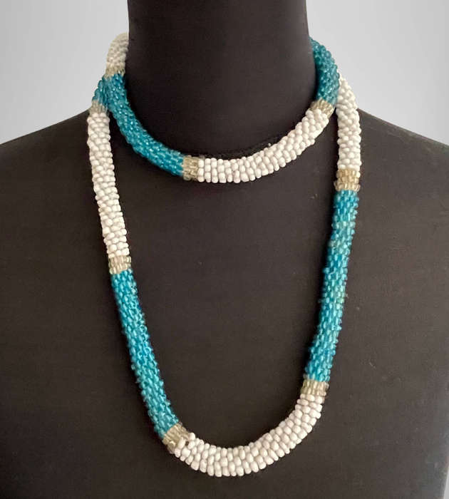 Handmade Tubed Beaded Necklace  White and Blue with Silver Accents  57cm  137g