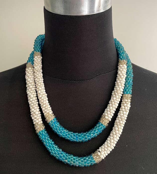 Handmade Tubed Beaded Necklace  White and Blue with Silver Accents  57cm  137g