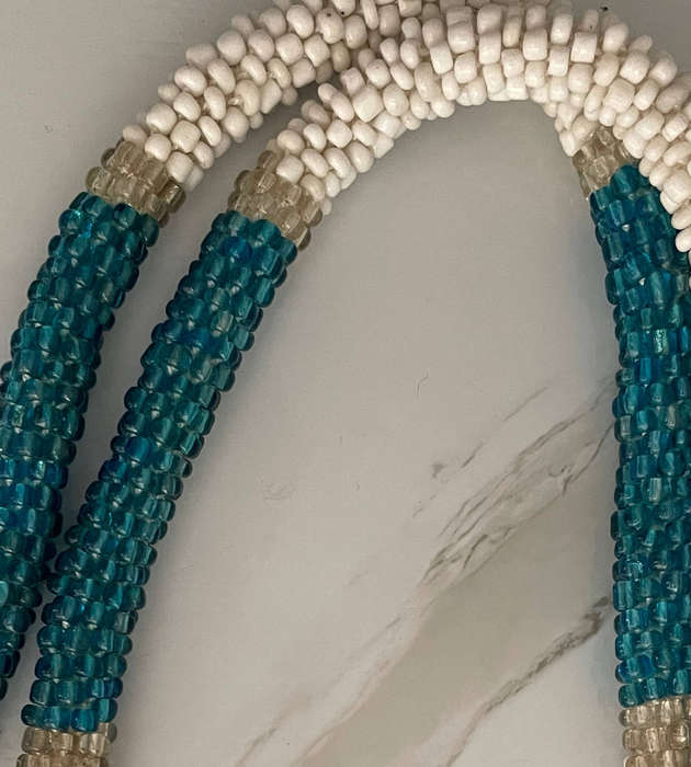 Handmade Tubed Beaded Necklace  White and Blue with Silver Accents  57cm  137g