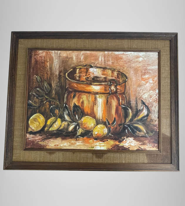 Rustic Farmhouse Oil Painting  Still Life Copper Pot & Lemons  Unattributed  79x64cm