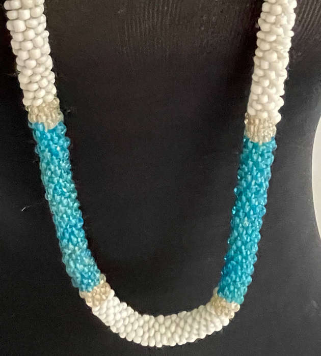 Handmade Tubed Beaded Necklace  White and Blue with Silver Accents  57cm  137g