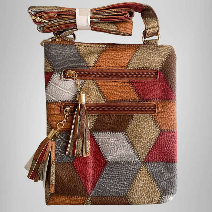 Womens Mini Crossbody Bag  Geometric Pattern  Tassel Detail  Adjustable Strap  New