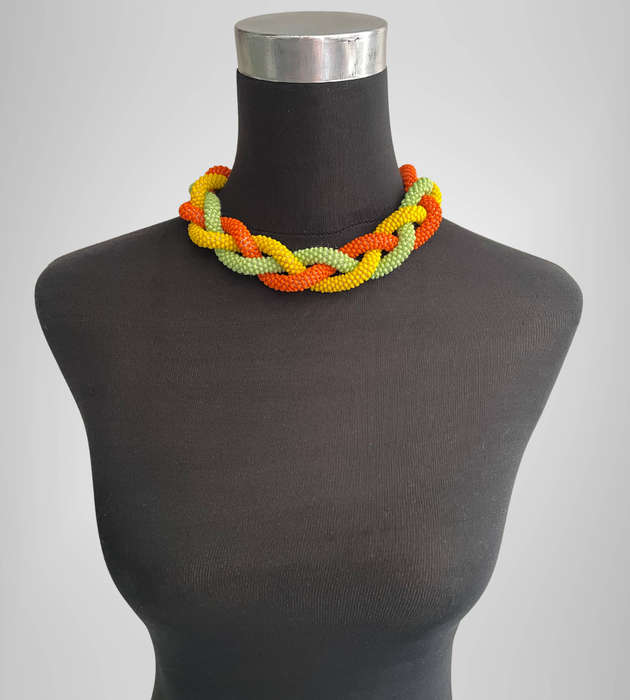 Original Abacus Chunky Braided Necklace  Orange, Yellow & Green  121g  Fits Neck up to 47cm