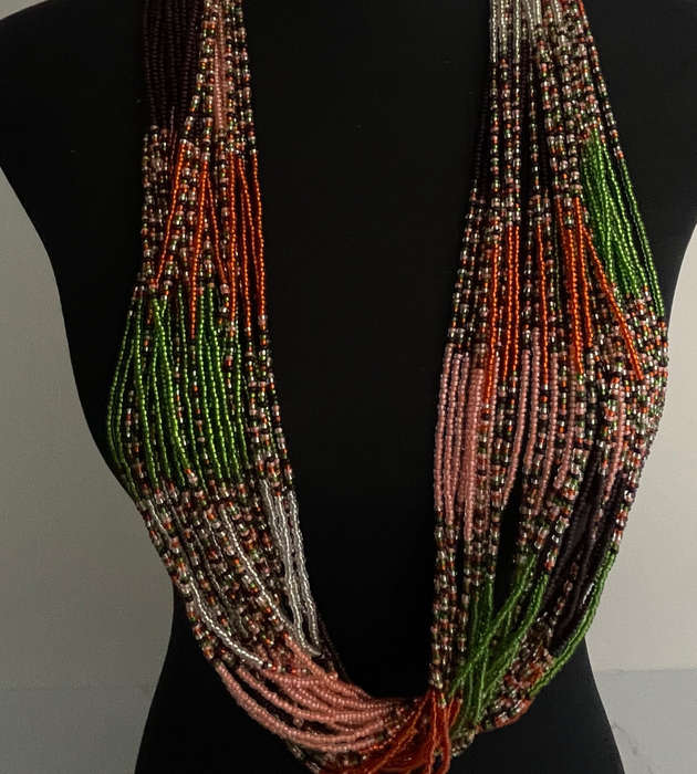 Original Abacus 32-Strand Traditional Zulu Hand-Beaded Necklace  366g  Red, Green, Orange, Brown