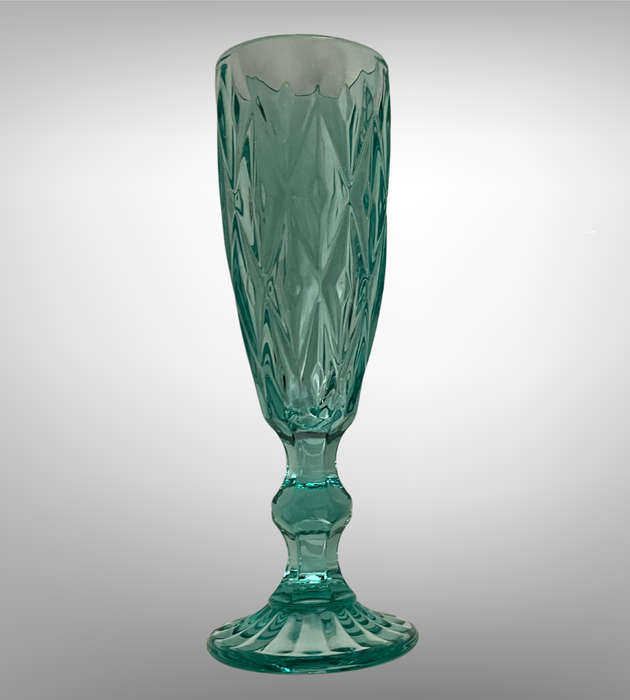Set of 6 Green Champagne Flutes | 300ml Diamond Pattern Pressed Glass | Vintage Style | Used
