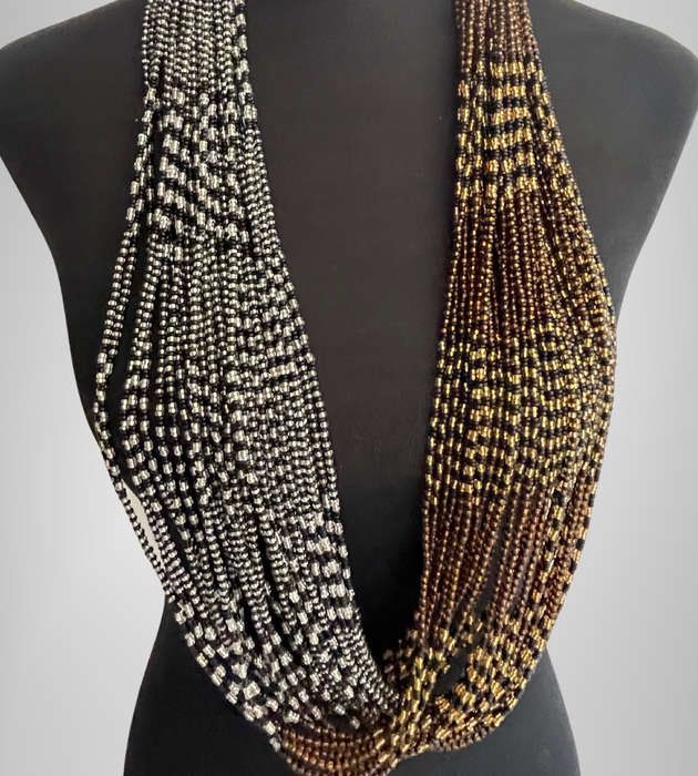 Original Abacus 34-Strand Traditional Zulu Hand-Beaded Necklace  396g  Black, Gold & Silver  51cm
