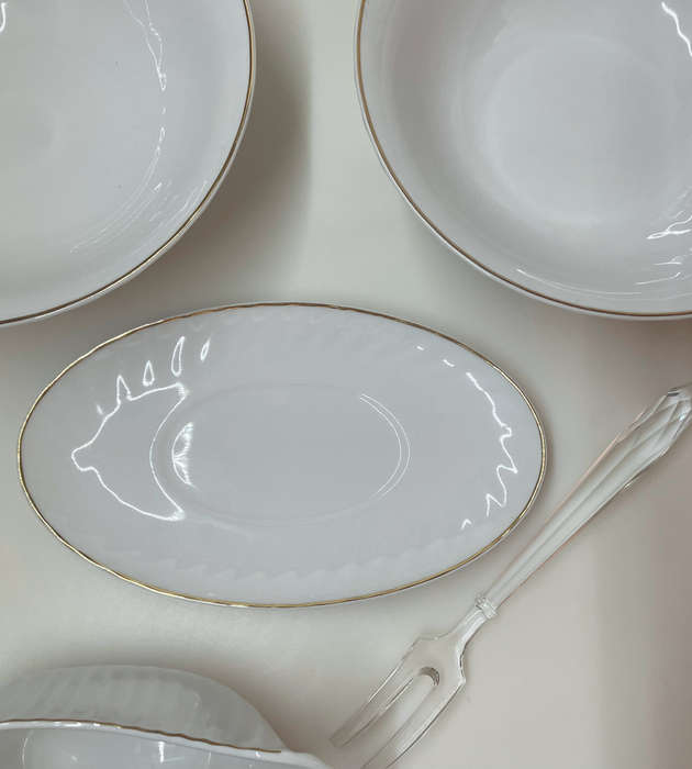 Rare 1960s Italian White & Gold Porcelain Serving Set by Bellini  Set of 5 + Crystal Fork