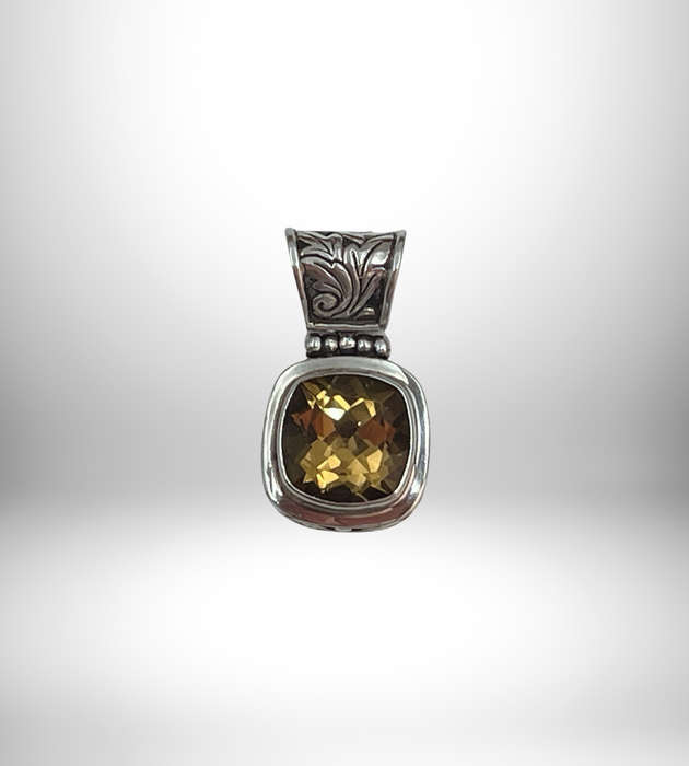 925 Sterling Silver Citrine Pendant - Square Faceted Citrine - Superb Condition