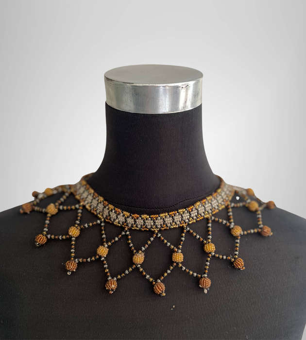 Handmade Traditional African Beaded Necklace  Amber, Gold & Black  24cm Folded  68g  Stock Code