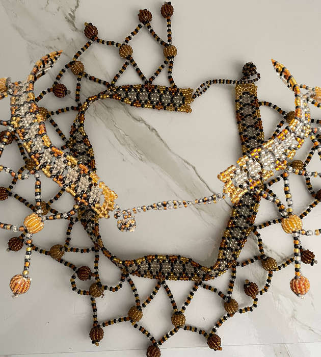 Handmade Traditional African Beaded Necklace  Amber, Gold & Black  24cm Folded  68g  Stock Code