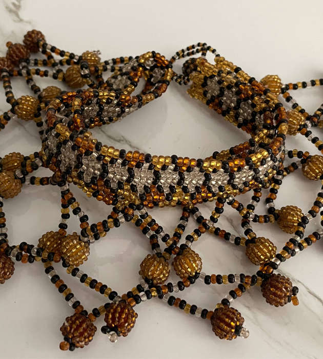 Handmade Traditional African Beaded Necklace  Amber, Gold & Black  24cm Folded  68g  Stock Code