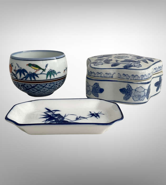3-Piece Oriental Blue & White Porcelain Set  Arita Ware Tea Cup, Chinese Jewelry Box & Tianning Dis