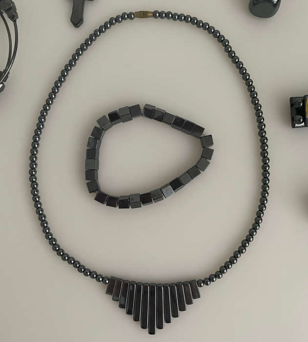 12-Piece Vintage Jewelry Set: Hematite Necklaces & Bracelets with Gunmetal Accents