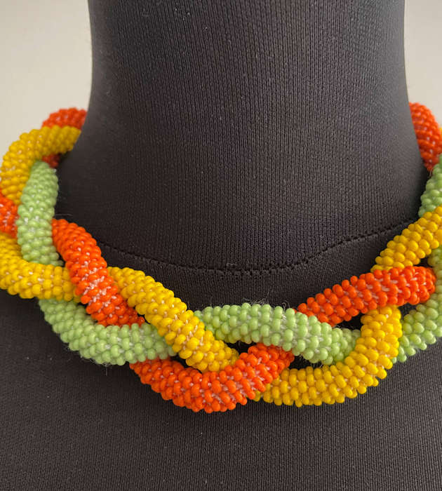 Original Abacus Chunky Braided Necklace  Orange, Yellow & Green  121g  Fits Neck up to 47cm