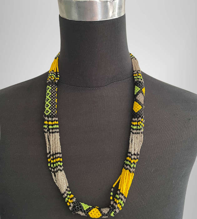 Handmade Tube Rope Beaded Necklace  Green, Yellow, Black & Silver  32cm Folded  66g