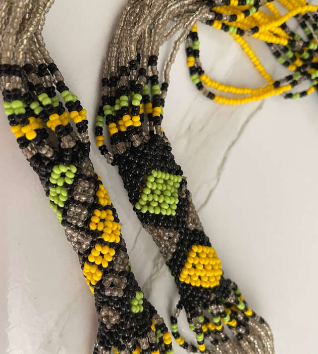 Handmade Tube Rope Beaded Necklace  Green, Yellow, Black & Silver  32cm Folded  66g