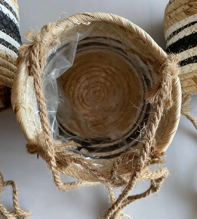 Rachel Hanging Basket Set - 9 Piece Hanging Planters (3 Sets of 3) - Natural with Black Accents