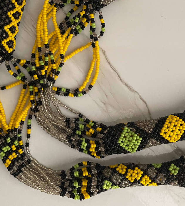 Handmade Tube Rope Beaded Necklace  Green, Yellow, Black & Silver  32cm Folded  66g