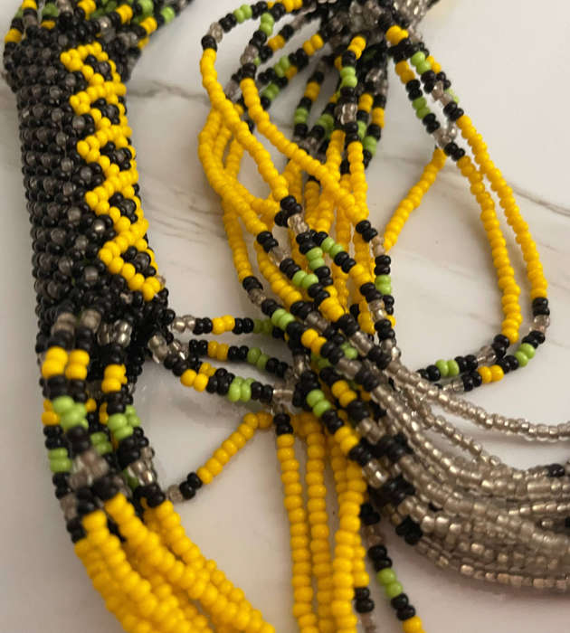 Handmade Tube Rope Beaded Necklace  Green, Yellow, Black & Silver  32cm Folded  66g