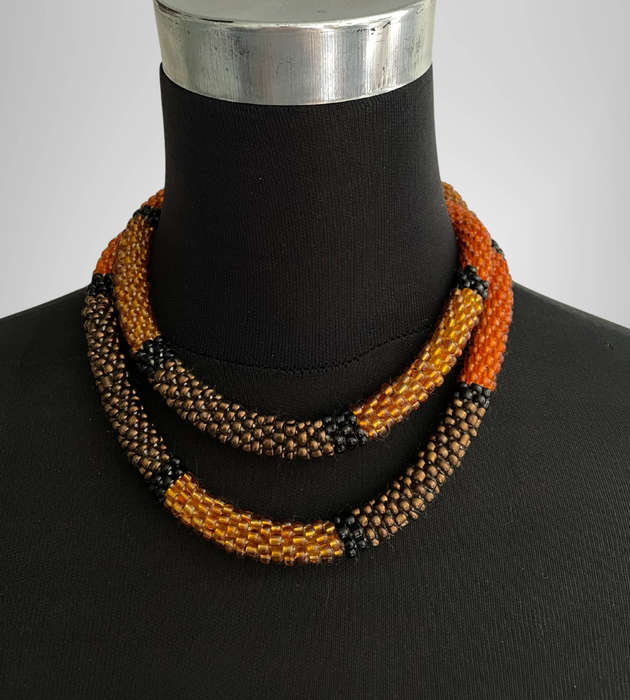 Amber Orange and Brown Tubular Beaded Necklace  Original Abacus  119g  48cm Folded