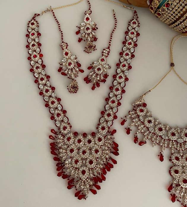 17-Piece Indian-Eastern Bridal Jewelry Set  Maroon & Gold  Nikkah, Walima, Diwali (Reduced to clear)