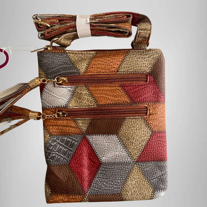Womens Mini Crossbody Bag  Geometric Pattern  Tassel Detail  Adjustable Strap  New