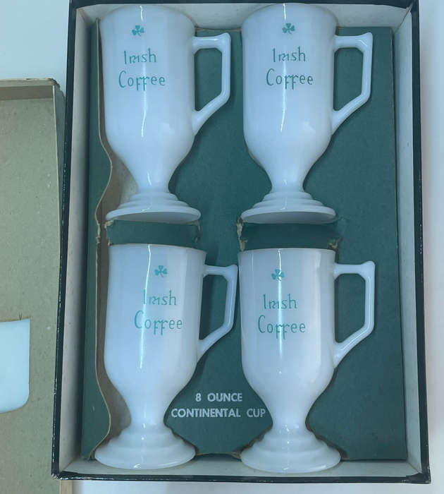 Set of 4 Vintage Bar Federal Glass Continental Cups  Irish Coffee, Milk Glass, 22kt Gold Rim