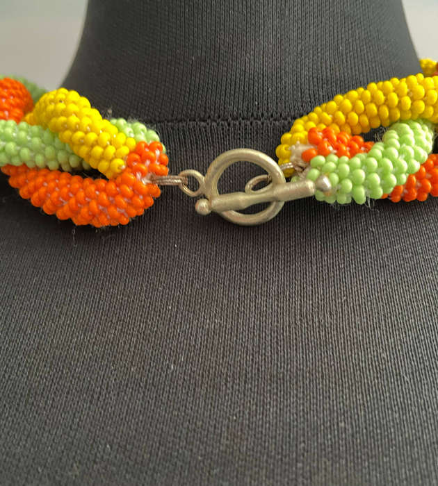 Original Abacus Chunky Braided Necklace  Orange, Yellow & Green  121g  Fits Neck up to 47cm