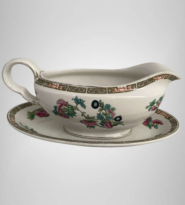 1930s John Maddock & Sons Indian Tree Sauce Boat with Matching Saucer  Royal Vitreous, England