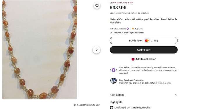 1970s Natural Carnelian Wire-Wrapped Bead Necklace  Brass Tone  Approx. 40cm  Vintage Used