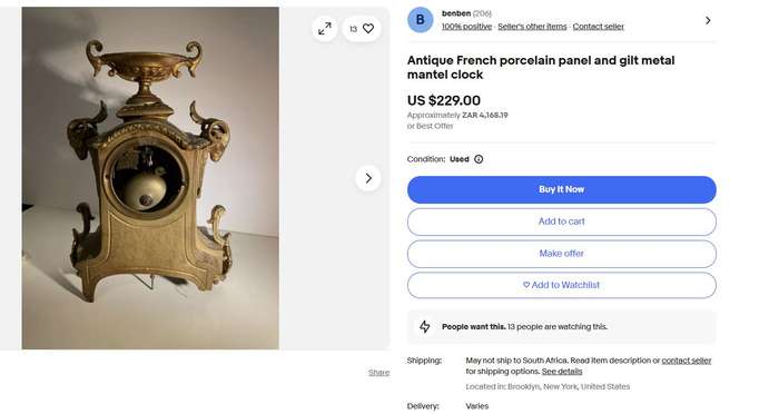 Reserved! Antique French Gilt Mantel Clock with Porcelain Panels by Henry Marc, Paris