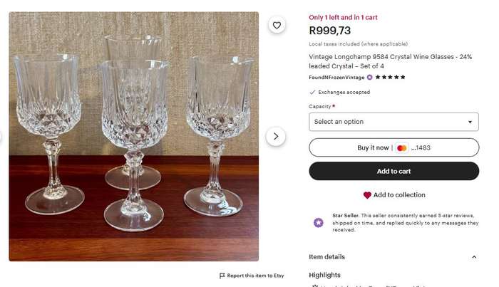 Reduced ! Vintage Set of 4 Crystal dArques Longchamp Durand Wine Glasses - 1980s Stemware Collection