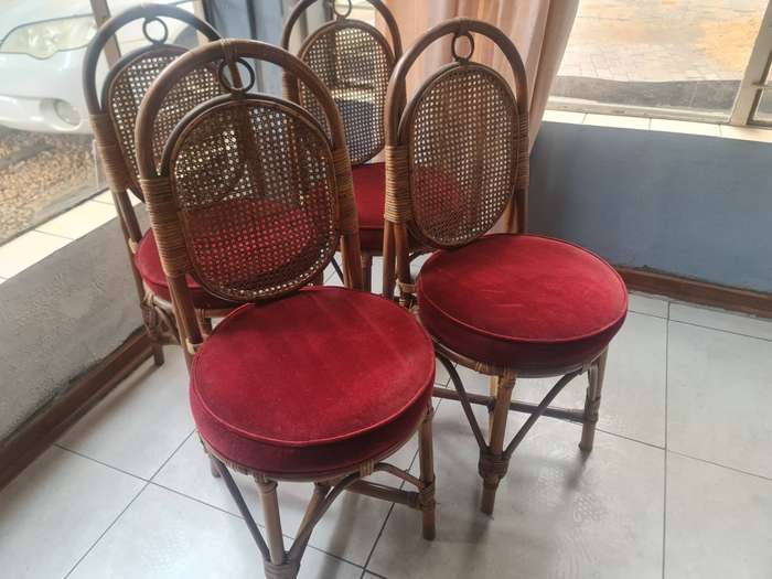 Rattan Dining Set  Round Glass Top Table with 4 Chairs (Vintage/Retro Cane Furniture)