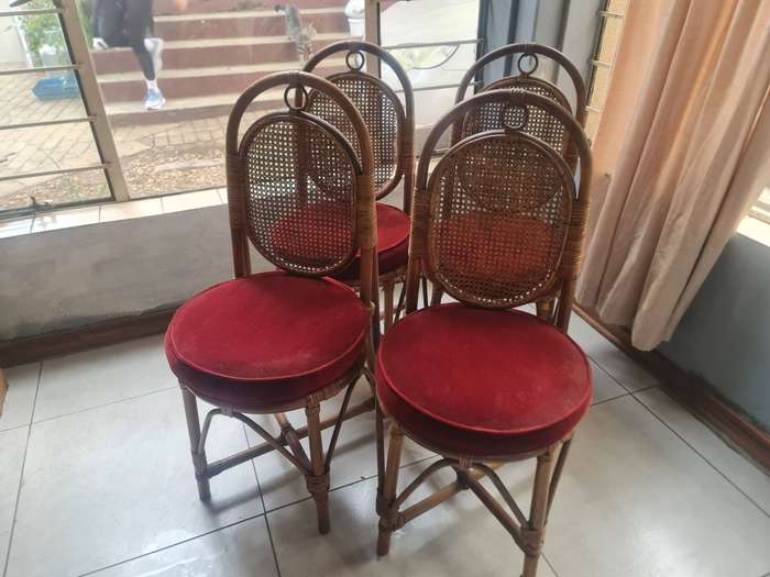 Rattan Dining Set  Round Glass Top Table with 4 Chairs (Vintage/Retro Cane Furniture)