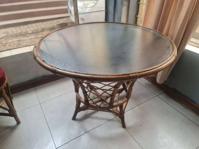 Rattan Dining Set  Round Glass Top Table with 4 Chairs (Vintage/Retro Cane Furniture)