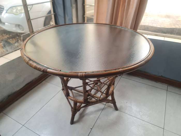 Rattan Dining Set  Round Glass Top Table with 4 Chairs (Vintage/Retro Cane Furniture)