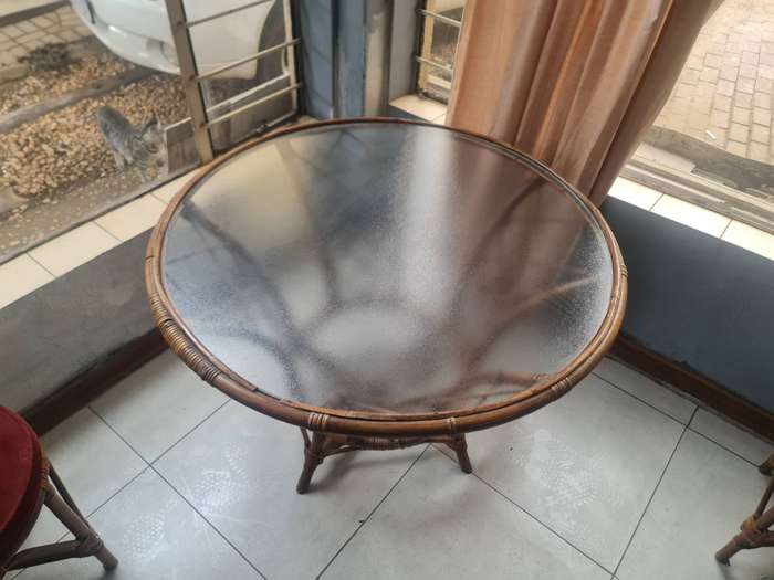 Rattan Dining Set  Round Glass Top Table with 4 Chairs (Vintage/Retro Cane Furniture)