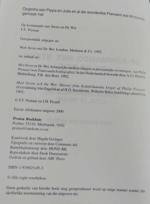 Op commando met Steyn en de Wet - Oorlogsherinneringe van lt.kol. FF Pienaar (2000)