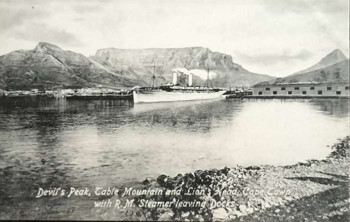 Antique Post card - Cape Town - Devils peak, Table Mountain and Lions head showing steamer leaving