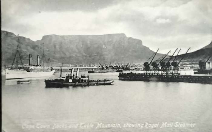 Antique Post card - Cape Town - Docks, Table Mountain, steamer
