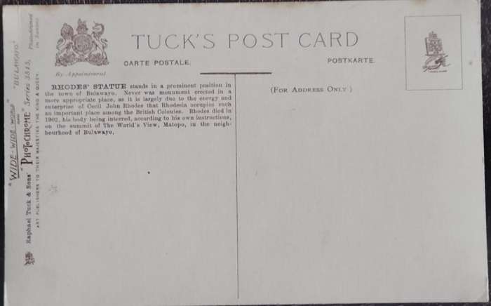 Vintage Post card - Rhodesia - Bulawayo (Rhodes Statue) - Tuck's