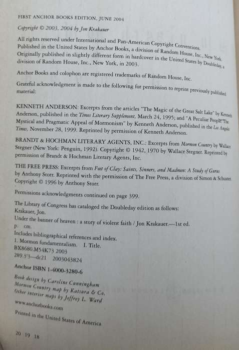 Under the banner of heaven - A story of violent faith (Krakauer 2004)