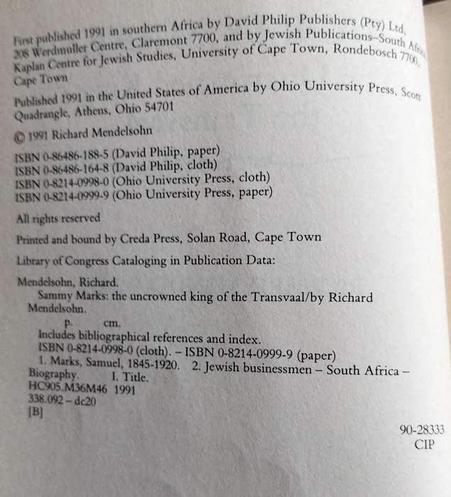 Sammy Marks - The uncrowned King of the Transvaal (Mendelsohn - 1991)