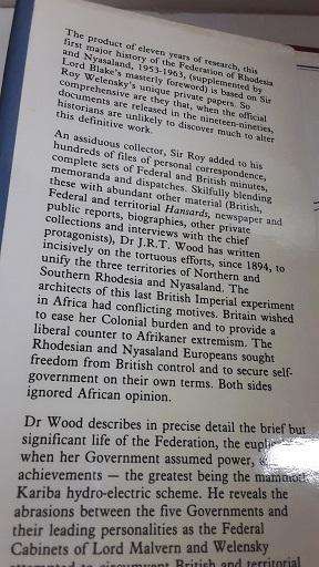 Book : The Welensky Papers - A History of the Federation of Rhodesia and Nyasaland  J R T Wood