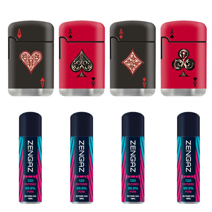 ZL 3 Mega Jet Flame Lighter ACES 4 Pack & 4 Zengaz Gas 18ml Combo