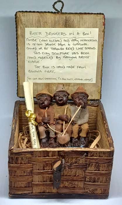 BEER DRINKERS IN A BOX! - Handmade Clay sculpture in  Banana Fibre Box - BY KENYAN ARTIST KIARIE