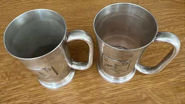 1947 Pair of Beer Mugs Springbok, Silver Plated, details below