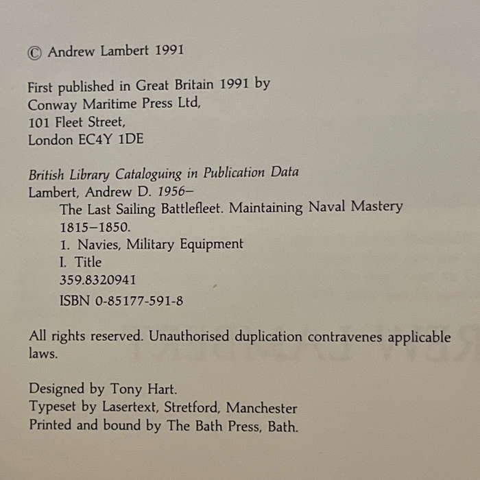 1991 The Last Sailing Battlefleet Maintaining Naval Mastry 1815-1850 by Andrew Lambert Hardcover w/D