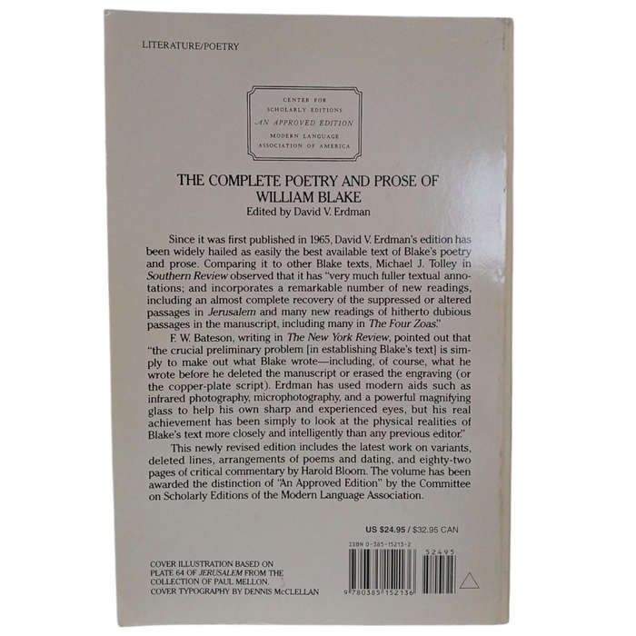 1988 The Complete Poetry & Prose Of William Blake By David V. Erdman & Harold Bloom Softcover